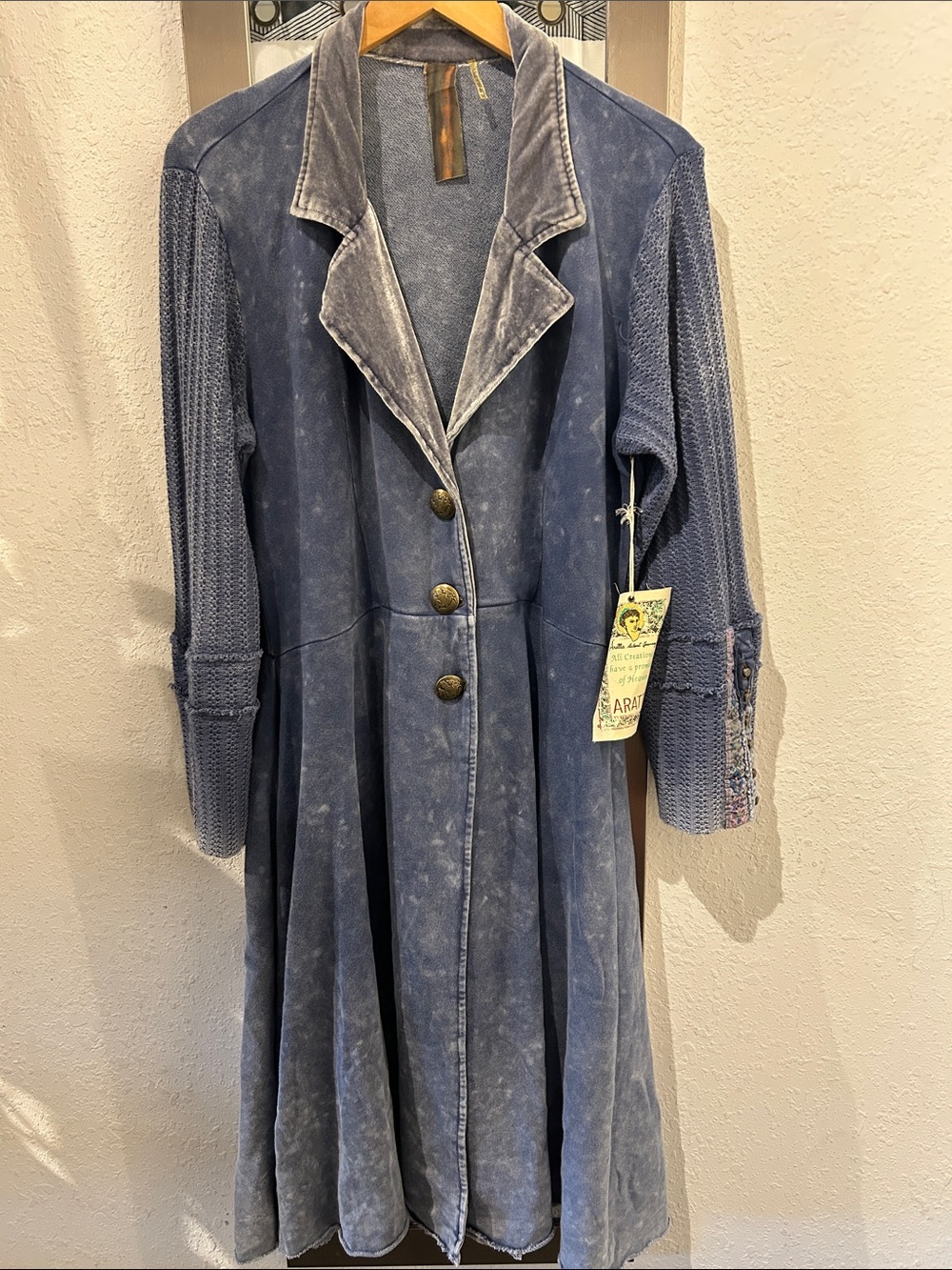 Aratta Washed Blue Long Coat with Knit Sleeves